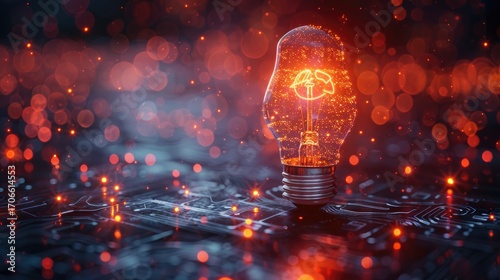 Close up glowing light bulb. business idea creative concept technology. A light bulb illuminated above a polygon on a dark orange background.