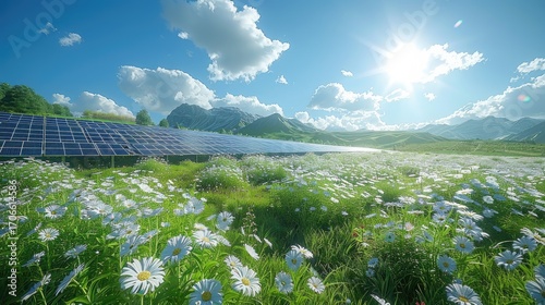 Solar farm in bright sunshine and lush green mountains in the background. Renewable energy.