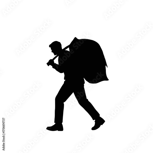 Silhouette a man carrying a large bag on his shoulder
