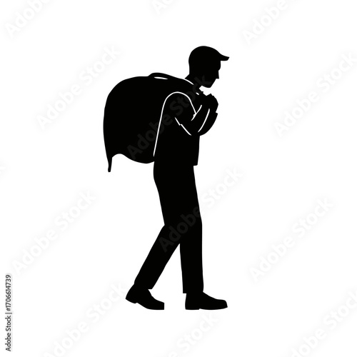 Silhouette a person carrying a large bag on their shoulder