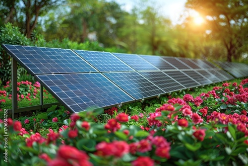 Solar farm in bright sunshine and lush green mountains in the background. Renewable energy.