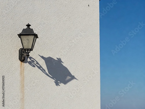 White wall with old lantern casting shadow on a sunny day. Minimalist composition with clear blue sky background.
