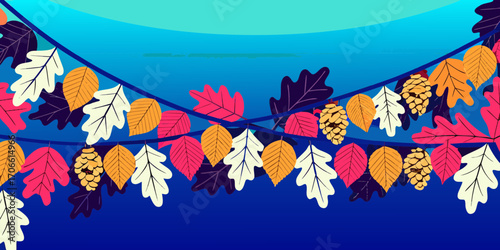 Colorful autumn leaves and pine cones create a vibrant seasonal decoration against a blue background, embodying the essence of fall and nature's beauty in a festive atmosphere
