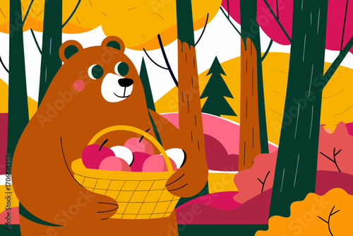 Bear character holding a basket of colorful apples in a vibrant autumn forest with golden leaves and pink foliage, showcasing a cheerful seasonal atmosphere