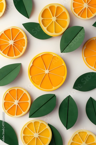 Colorful orange slices arranged in a pattern on a white background