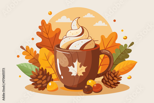 Warm autumn beverage in a cozy mug surrounded by colorful leaves, pinecones, and acorns, capturing the essence of fall vibes and seasonal comfort