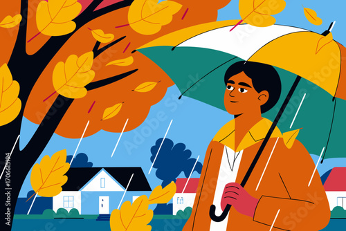 Young man holding a colorful umbrella stands under a tree with autumn leaves, surrounded by falling rain, evoking feelings of melancholy and sadness in the autumn season