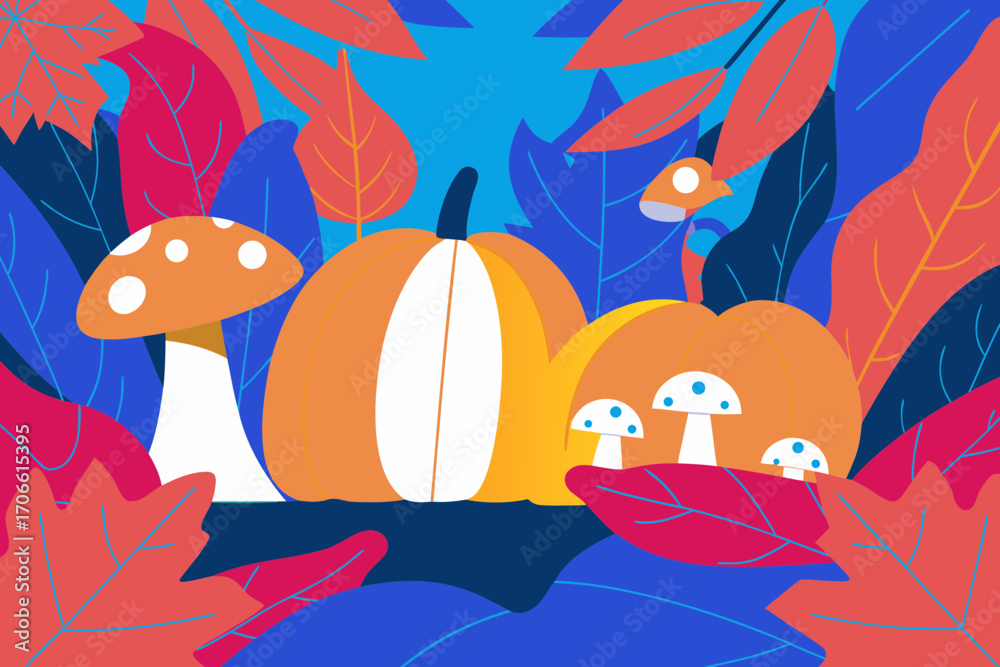 Fototapeta premium Colorful autumn illustration featuring vibrant pumpkins, whimsical mushrooms, and lush foliage, creating a cheerful seasonal atmosphere with a playful vibe