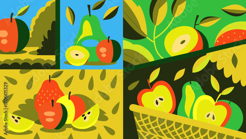 Colorful autumn fruit illustration featuring apples, pears, and berries arranged in vibrant scenes, showcasing seasonal harvest and nature's bounty with copy space