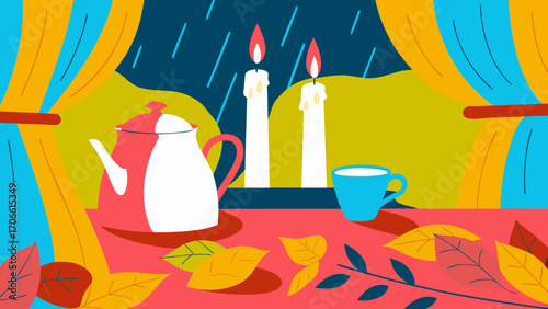 Colorful autumn scene featuring a teapot, cup, and candles on a table, surrounded by vibrant leaves, creating a cozy and inviting atmosphere for seasonal enjoyment