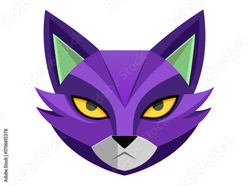 Purple masquerade mask designed for paper cutting, featuring a cat-like face with sharp angles, vibrant colors, and intricate details, ideal for Halloween celebration and creative projects