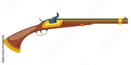 Classic musket side view in retro vector design, featuring intricate details and a polished wooden finish, ideal for historical themes and vintage illustrations