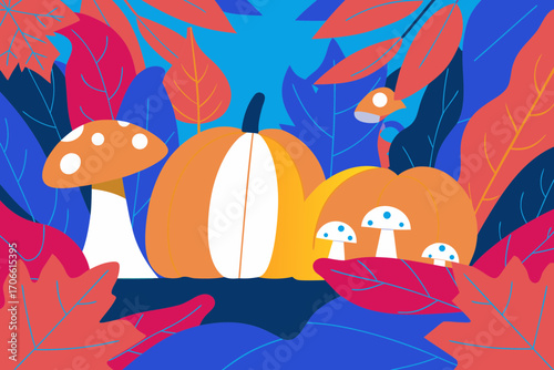 Colorful autumn illustration featuring vibrant pumpkins, whimsical mushrooms, and lush foliage, creating a cheerful seasonal atmosphere with a playful vibe