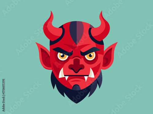 Red devil mask illustration featuring sharp horns, fierce expression, and detailed facial features, perfect for Halloween festivities and creative cut-out projects