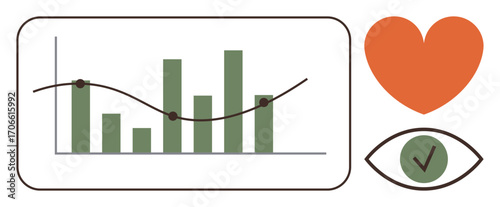Bar graph with connected line, orange heart symbol, green eye with check mark. Ideal for data analysis, performance review, insights, monitoring, evaluation quality control decision-making. Simple