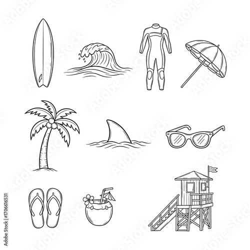 Set of  surfing icons in hand drawn doodle style. Vector illustration with surfboard, wave, wetsuit, beach umbrella, palm tree, shark fin, sunglasses, flip-flops, coconut drink, lifeguard tower