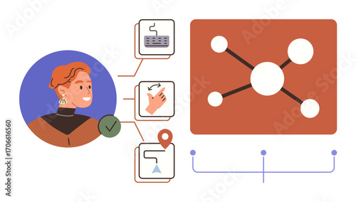Person interacting with task management elements thumbs up keyboard, touch inputs, and map. Connected nodes represent process or teamwork. Ideal for productivity, workflow, technology, planning