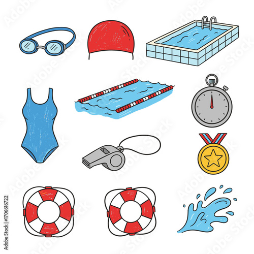 Set of  swimming icons in hand drawn doodle style. Vector illustration with goggles, swim cap, pool, lane divider, stopwatch, medal, swimsuit, whistle, lifebuoy, water splash