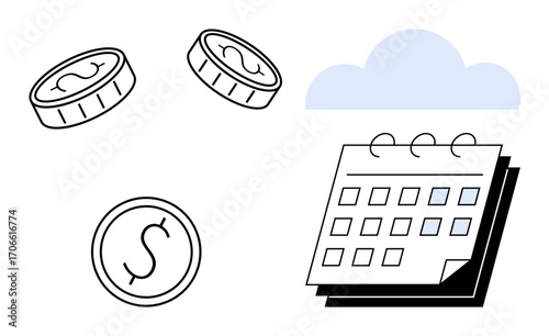 Coins with dollar signs floating next to a calendar under a simple cloud backdrop. Ideal for finance, budget, savings, investment, planning, time management, money management. Simple flat metaphor