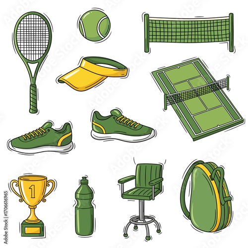 Set of  tennis icons in hand drawn green and yellow doodle style. Vector illustration with racket, tennis ball, net, court, visor, sneakers, trophy, water bottle, umpire chair, bag