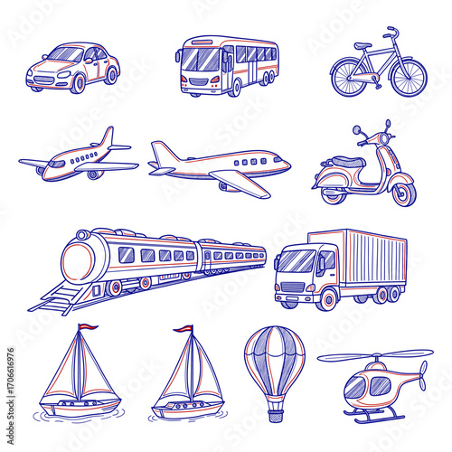 Set of  transport icons in hand drawn blue and red doodle style. Vector illustration with car, bus, bicycle, scooter, airplane, train, truck, sailboat, hot air balloon, helicopter.