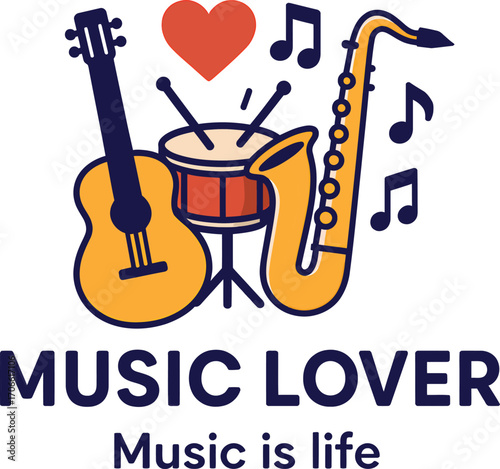 Celebrate your love for music with this Music Lover design featuring guitar, saxophone, and drums. Perfect for fans who believe music is life and rhythm never ends!