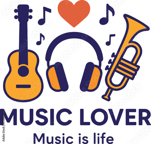 Express your passion for sound with this Music Lover design featuring guitar, trumpet, headphones, and notes. Perfect for music fans who believe music is life!