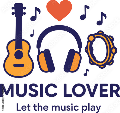 Celebrate your passion with this vibrant Music Lover design featuring headphones, guitar, tambourine, and notes. Perfect for music fans—let the rhythm of life play on!