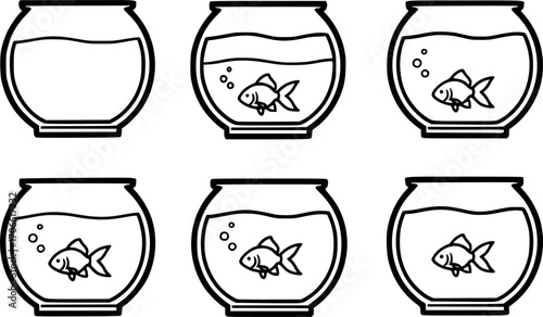 A collection of black and white vector illustrations of fishbowls at varying fill levels
