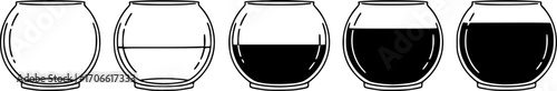 A collection of black and white vector illustrations of fishbowls at varying fill levels

