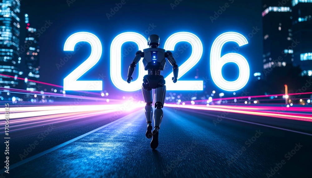 Fototapeta premium A futuristic image shows a robot running toward a glowing 2026 sign on a city road, symbolizing the future of technology and progress. The scene evokes a sense of anticipation and innovation.