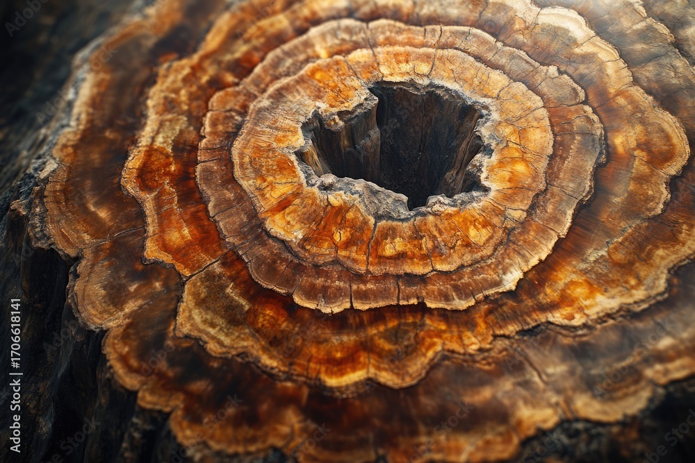 Obraz premium Close-up of a tree stump cross-section revealing concentric rings and a hollow center, showcasing intricate wood grain patterns and rich brown and orange hues.