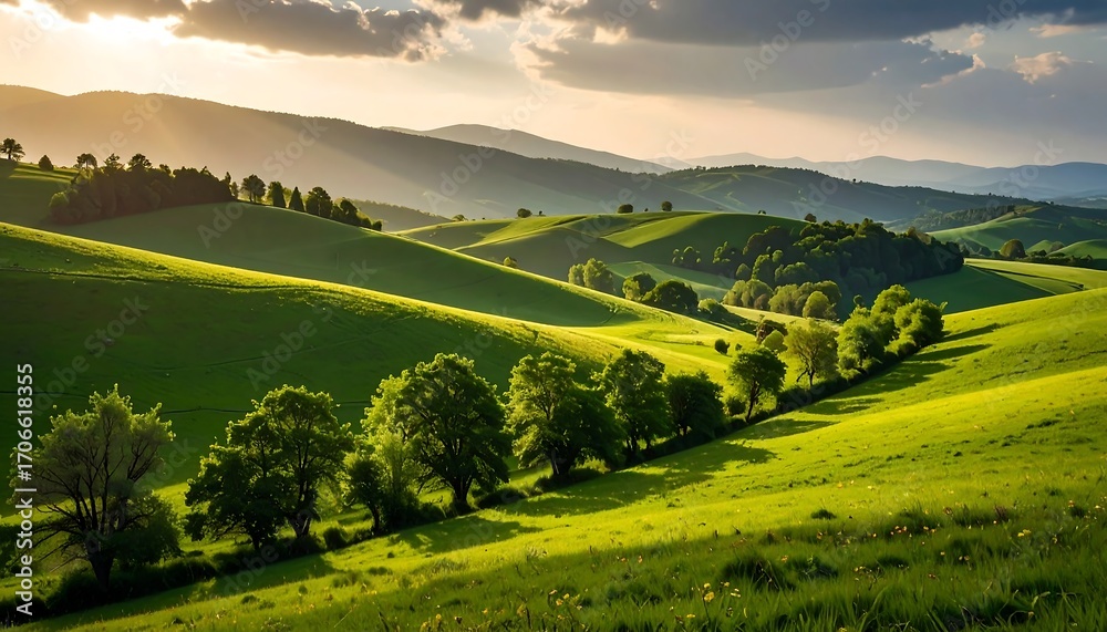 Fototapeta premium Lush green hills under a golden sunset