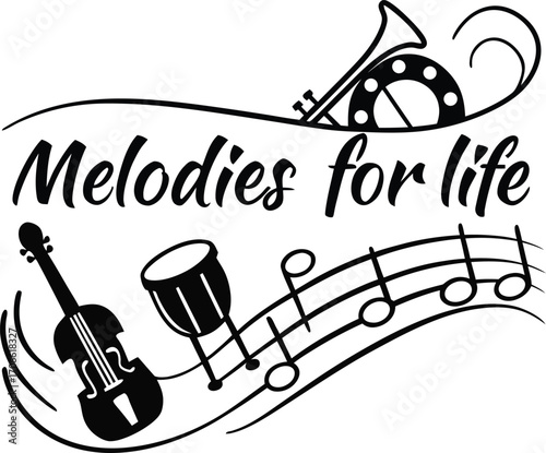 Bring music to life with this elegant design featuring violin, drum, trumpet, and flowing notes—perfect for musicians, performers, and true lovers of timeless melodies.