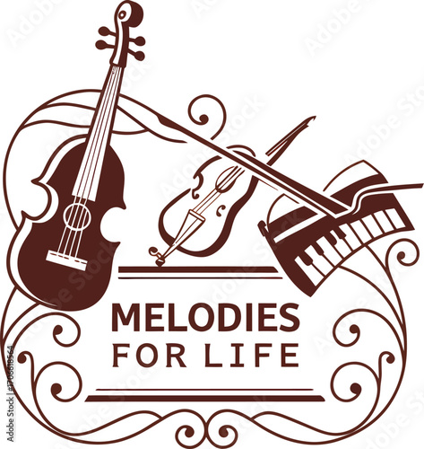 An elegant music logo featuring violin, piano, and artistic swirls. Perfect for music schools, bands, events, or creative projects. Inspire harmony with melodies for life.