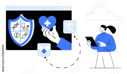 Shield displaying medical symbols, hand holding heart with cross, person using tablet. Ideal for healthcare, telemedicine, insurance, medical innovation, health management, technology simple landing