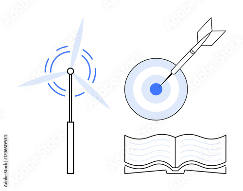 Wind turbine represents renewable energy, dart on target symbolizes precision and efficiency, open book reflects knowledge and education. Ideal for sustainability, strategic planning, education