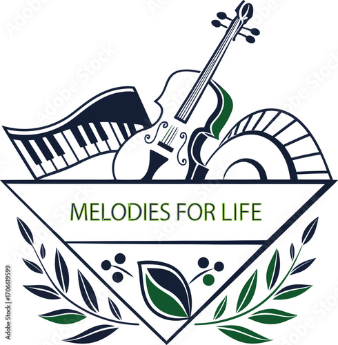 A creative music design featuring piano keys, violin, and abstract notes with the inspiring phrase "Melodies for Life"—perfect for music lovers and artists.
