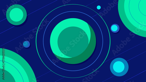 Deep Blue Background with Floating Teal and Green Circles and Rings abstract