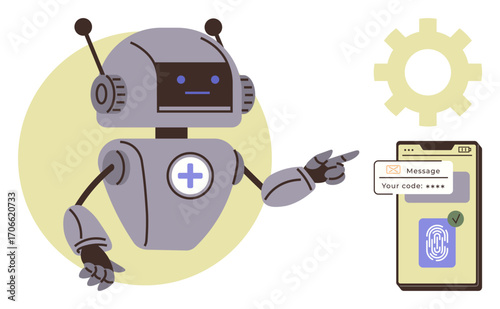 Robot pointing at smartphone screen with a fingerprint scanner and password prompt. Ideal for technology, AI, cybersecurity, digital innovation, authentication, automation, user experience. Simple