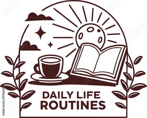Inspirational lifestyle artwork featuring coffee, books, sunshine, and plants. A simple daily reminder to embrace peaceful routines and balanced living every day.