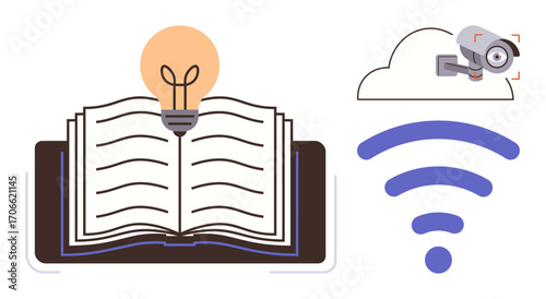 Open book with glowing light bulb symbolizing knowledge and ideas, wireless signals, cloud storage, and surveillance camera for connectivity, security, and innovation. Ideal for education
