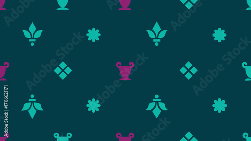 Seamless Pattern of Teal and Magenta Geometric and Floral Motifs on Dark Teal Background texture