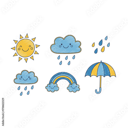Set of weather and nature icons in hand drawn blue and yellow doodle style. Cute vector illustration with sun, cloud, raindrops, rainbow, umbrella.