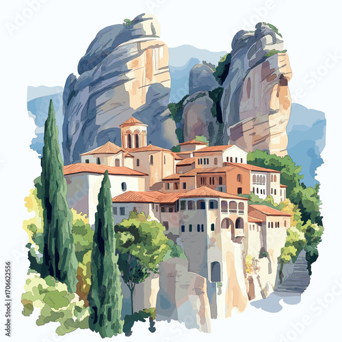 Meteora Monasteries. Meteora Monasteries watercolor vector illustration