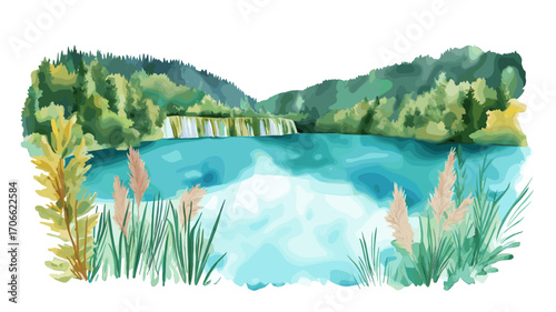 Plitvice Lakes National Park. Plitvice Lakes National Park watercolor vector illustration
