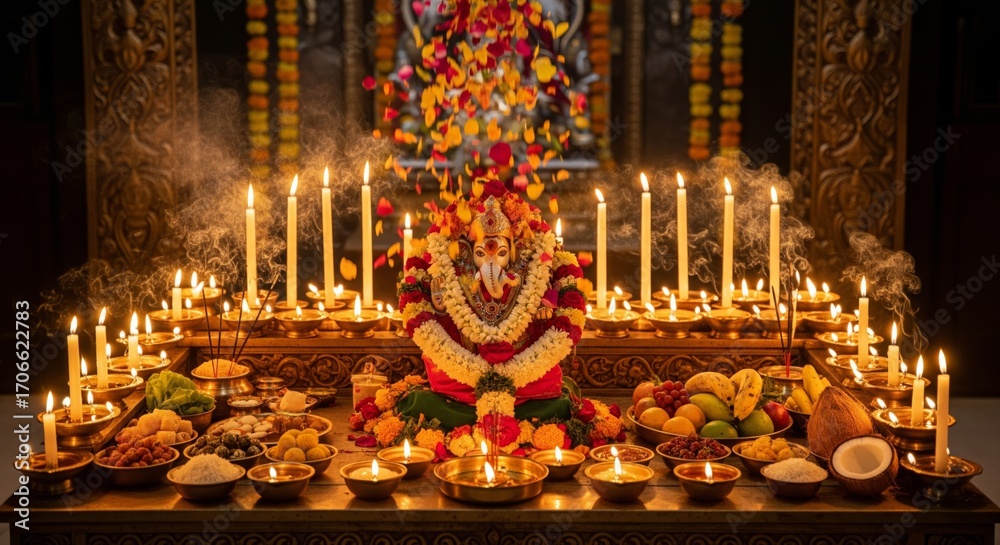 Obraz premium Hindu religious ceremony with candles and flowers decoration.