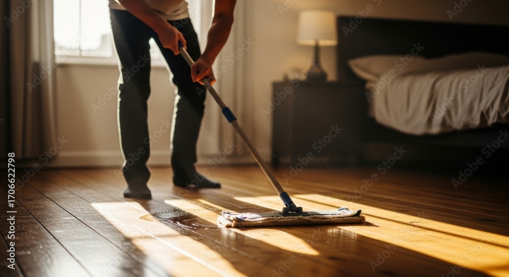 Fototapeta premium Man cleaning a hardwood floor with a mop in a sunlit bedroom.