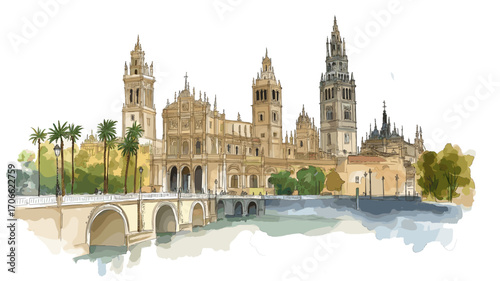Seville Cathedral and La Giralda. Seville Cathedral and La Giralda watercolor vector illustration