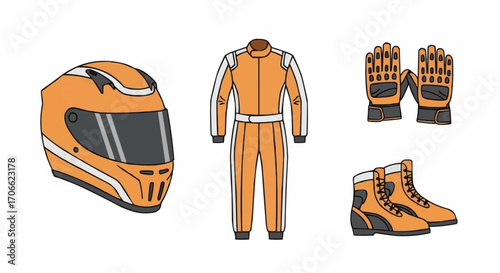 Explore racing gear essentials including helmet, suit, gloves, and boots for ultimate protection and style vector